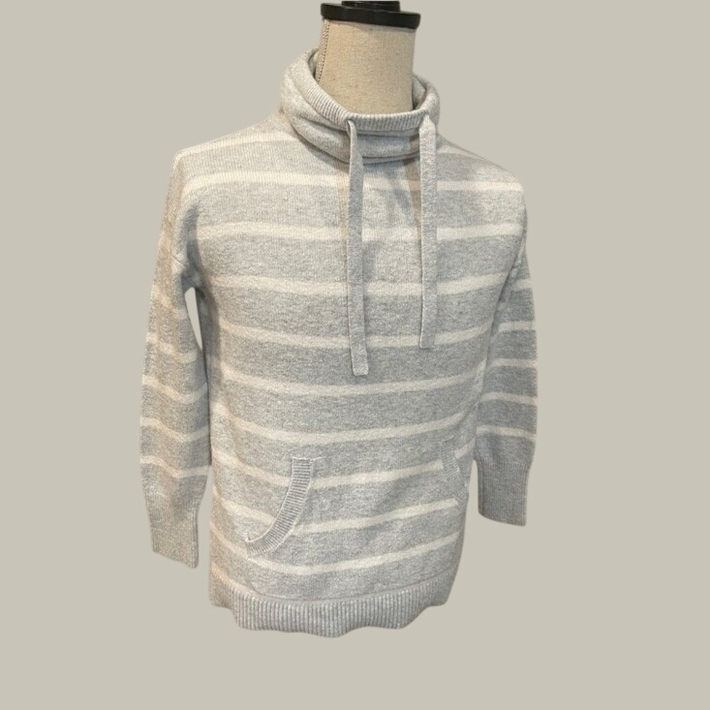 LOFT Womens Gray White Striped Funnel Neck Kangaroo Pocket Sweater Size M Soft